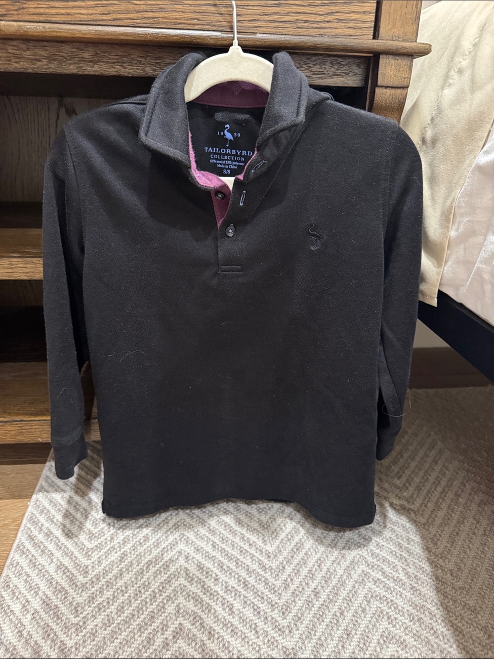 Tailorbyrd Black Long Sleeve Polo with Plum Accent